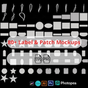 Puede incluir: Una colección de maquetas de etiquetas y parches en varias formas y tamaños, incluyendo estrellas, círculos y rectángulos. La imagen incluye el texto "80+ Label & Patch Mockups" e iconos para formatos de archivo SVG y PNG, junto con logotipos de software de diseño.