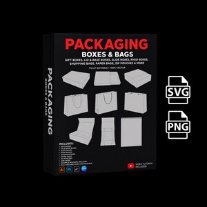Puede incluir: Gráfico negro con las palabras "PACKAGING BOXES & BAGS" en rojo y blanco. La imagen muestra varios diseños de cajas y bolsas, incluyendo cajas de regalo, bolsas de la compra y bolsas con cremallera. Incluye formatos de archivo SVG y PNG.