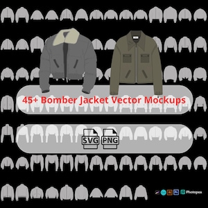 Puede incluir: Gráfico digital con dos maquetas de chaquetas bomber en gris y verde oliva, rodeadas de contornos de chaquetas. Se muestra el texto "45+ Bomber Jacket Vector Mockups". Incluye iconos de tipo de archivo SVG y PNG.