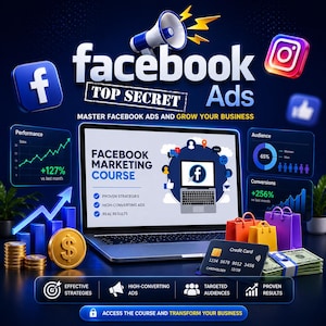 May include: A digital marketing graphic with the Facebook logo and the words "Facebook Ads". The image includes a laptop displaying a Facebook marketing course, charts, shopping bags, a credit card, and dollar bills. The text reads "Master Facebook Ads and Grow Your Business".