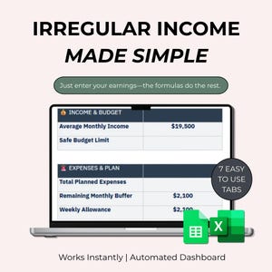 Op de afbeelding: Een laptopscherm toont een financieel dashboard met de tekst "IRREGULAR INCOME MADE SIMPLE". Het scherm toont inkomsten, budget en uitgaven details. De afbeelding bevat de tekst "Just enter your earnings—the formulas do the rest."