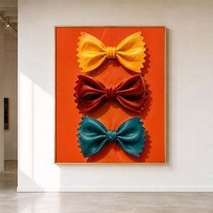 Puede incluir: Una obra de arte enmarcada con esculturas de lazo tridimensionales. Los lazos son en tonos de amarillo, rojo y verde azulado, sobre un fondo naranja. La obra de arte se exhibe en una pared blanca.