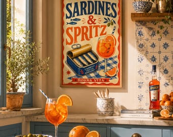 Sardines & Spritz Wall Art Print, Italian Cocktail Kitchen Decor, Aperol Spritz Poster, Mediterranean Printable, Retro Kitchen Wall Art