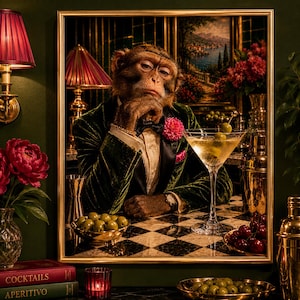 Puede incluir: Impresión enmarcada de un mono con chaqueta de terciopelo verde, pajarita y flor rosa, sosteniendo una copa de martini con aceitunas. La impresión está ambientada en un bar con una superficie a cuadros y una pintura.