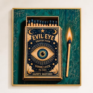 Puede incluir: Obra de arte enmarcada que presenta una caja de cerillas con las palabras "EVIL EYE PROTECTION" y "GOOD LUCK TO YOU SAFETY MATCHES". La caja contiene cerillas con puntas azules. Una cerilla encendida con una llama está al lado de la caja. El fondo es verde azulado.