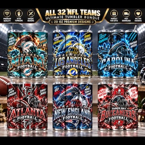 May include: A digital collection of 20 oz tumbler designs featuring NFL team graphics, including Miami, Los Angeles, Carolina, Atlanta, New England, and Tampa Bay. Each tumbler displays team helmets, logos, and slogans against vibrant, energetic backgrounds.