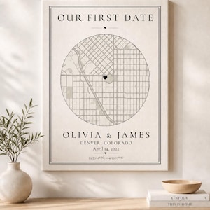 May include: A framed print with the text "OUR FIRST DATE" above a circular map of Denver, Colorado. The names "OLIVIA & JAMES" and the date "April 14, 2022" are below the map. Coordinates are also included.