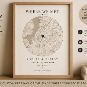 May include: Framed print featuring a map of Brooklyn, New York, with a heart marking a location. The text reads "Where We Met," with names and a date below. The print is a digital download.