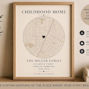 May include: A framed print featuring a map of a neighborhood, with the text "Childhood Home" at the top. The print includes the family name, address, and dates. The print is a digital download available in multiple sizes.