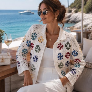Gehäkelte Blumen-Cardigan-Muster PDF, Grandma Square-Jacke, bunte Boho Button-Pullover-Anleitung