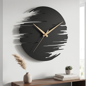 Abstract Brush Stroke Metal Wall Clock, Black Minimalist Oversized Silent Timepiece For Living Room