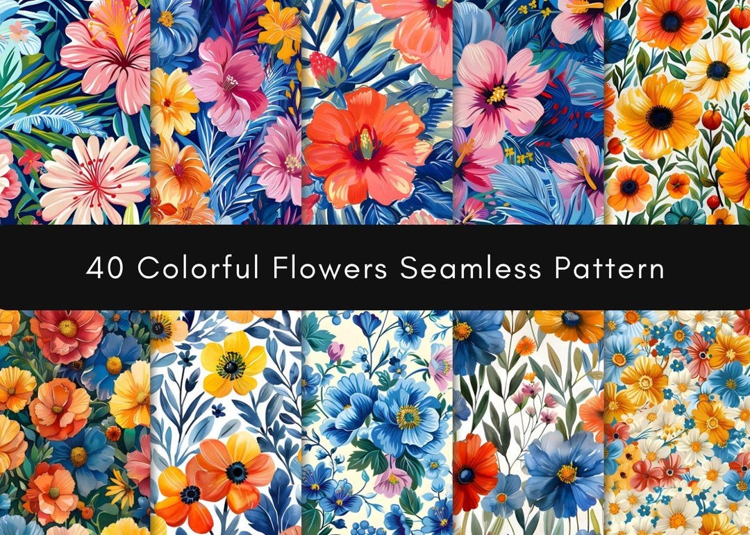 40 Summer Flowers Seamless Digital Papers, Colorful Pink Watercolor ...