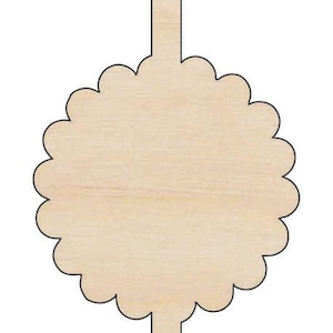 May include: A wooden topiary plant cutout with a scalloped edge design. The plant has two rounded sections and a rectangular pot. The wood has a light, natural color and a black outline.