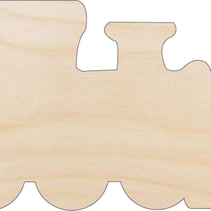 May include: A wooden train cutout with a light brown color. The train features a classic design with a rounded front, a smokestack, and three wheels. The wood grain is visible.