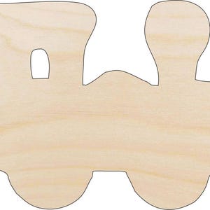 May include: A wooden train cutout with a light brown finish and black outline. The train features a classic locomotive design with a chimney, a window, and wheels. This craft supply is suitable for painting or decorating.