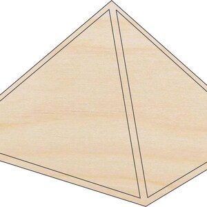 May include: A wooden pyramid with a light brown surface and black outline. The pyramid is divided into four triangular sections by black lines. The overall shape is a three-dimensional triangle.