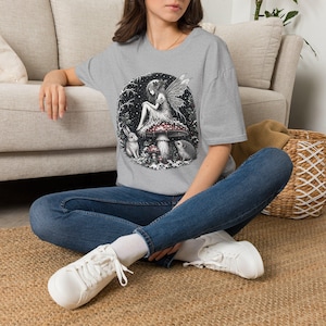 Mushroom Fairy Illustration T-Shirt | Woodland Faerie Art, Night Forest