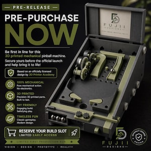 May include: A 3D-printed mechanical pinball machine in shades of gray and olive green. The image includes the text "PRE-PURCHASE NOW" and details about the product's features, such as being 100% mechanical and DIY-friendly.