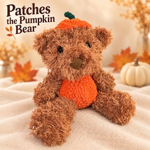 May include: A brown fuzzy teddy bear plush toy with a dark brown nose and black eyes. The bear wears an orange crocheted pumpkin hat with a green stem and has an orange crocheted pumpkin belly. Text in the upper left reads Patches the Pumpkin Bear.