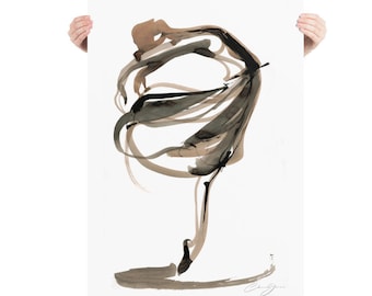 May include: Abstract black and brown ink drawing of a dancer in a flowing dress. The drawing is on a white background.