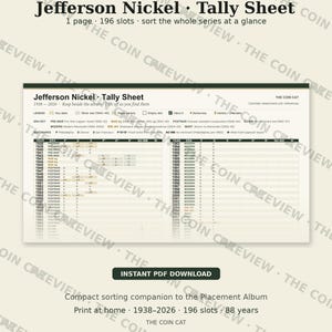 May include: A white sheet titled "Jefferson Nickel Tally Sheet" with text and a table for coin collection. The sheet includes the years 1938-2026, with 196 slots. The text "Instant PDF Download" is visible.