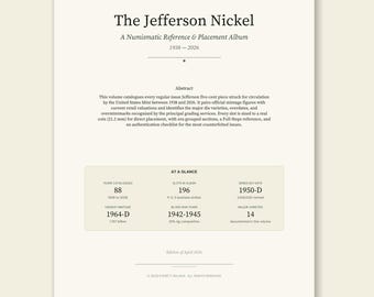 Álbum de monedas de níquel de Jefferson 1938-2026 (PDF imprimible), referencia para coleccionistas de monedas estadounidenses, guía de ubicación numismática, descarga digital.