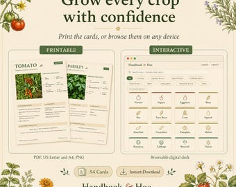 Cartões de Cuidados com Plantas, Imprimíveis e Interativos | Guia de Cultivo de 54 Culturas | Horta Companheira