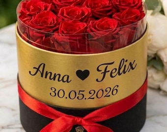 Personalisierte Rosenbox mit Namen | Ewige Rosen Geschenk für Freundin Mama Ehefrau | Luxus Rose Box Rot Gold | Jahrestag Hochzeit Geburtsta
