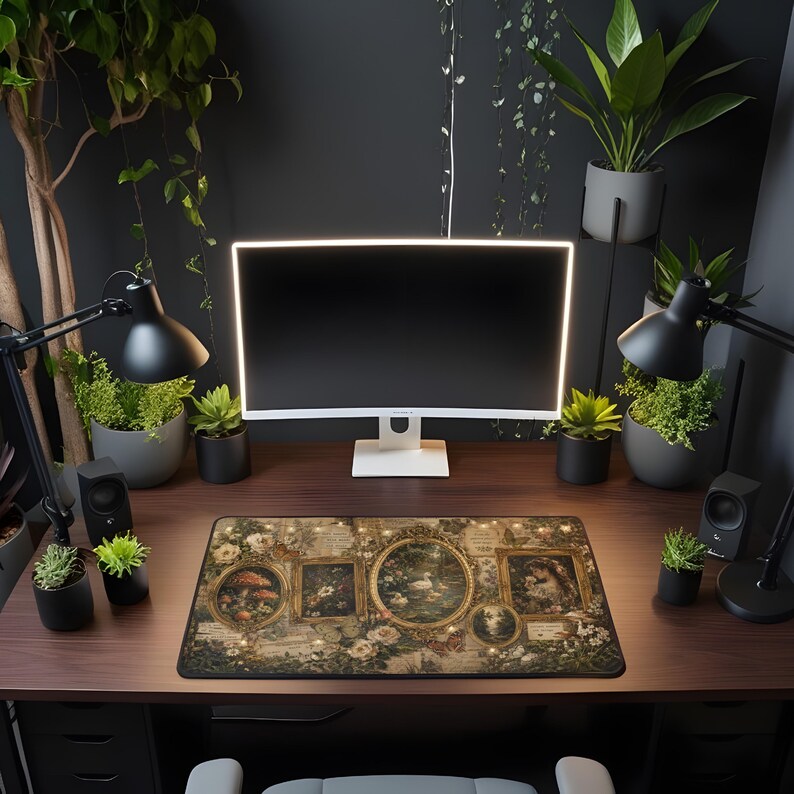 May include: A rectangular desk mat featuring a vintage-inspired collage of ornate gold frames, botanical illustrations, a white swan on a pond, and floral motifs on a dark background, centered on a wooden desk with a computer monitor and lamps.