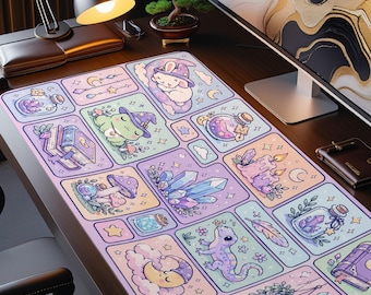 May include: A rectangular desk mat featuring a grid of pastel-colored illustrations including a rabbit in a hat, a frog in a wizard hat, a lizard, crystals, mushrooms, potion bottles, books, a crescent moon, and hanging plants on a light background.