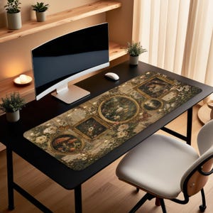 May include: A rectangular desk mat featuring a dark, botanical-themed collage with multiple ornate gold-colored frames. The design includes illustrations of mushrooms, flowers, butterflies, and a swan within a pond, set against a vintage-style background.