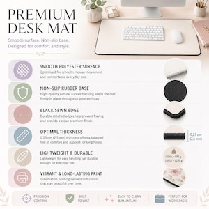 May include: A rectangular premium desk mat with a smooth polyester surface and a black sewn edge. The mat features a non-slip rubber base with a thickness of 0.25 cm. It is available in two weights, 580 grams for small and 1280 grams for large.