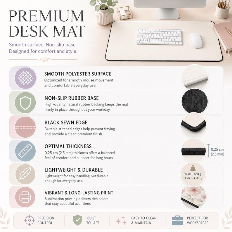 May include: A rectangular premium desk mat with a smooth polyester surface and a black sewn edge. The mat features a non-slip rubber base with a thickness of 0.25 cm. It is available in two weights, 580 grams for small and 1280 grams for large.