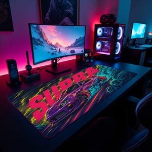 May include: A rectangular desk mat featuring a purple sports car graphic with the word SUPRA in large red letters. The design includes swirling green and yellow smoke effects on a dark background, placed on a black desk surface in a gaming setup.