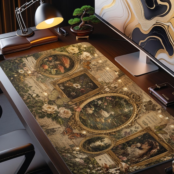 Vintage Botanical Desk Mat, Cottagecore Gaming Pad, Victorian Floral Mousepad XL, Dark Academia Office Mat, Gold Frame Garden Desk Pad