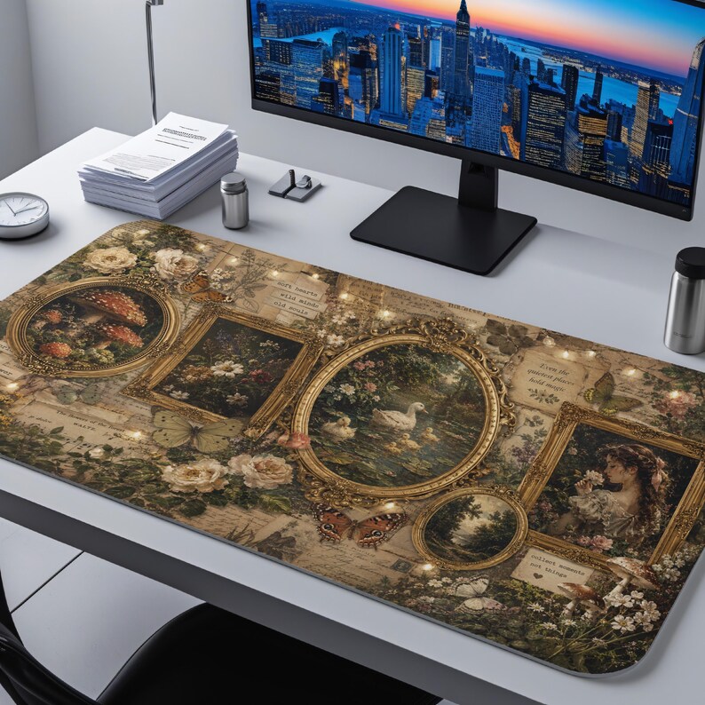 May include: A rectangular desk mat featuring a vintage-inspired collage of ornate gold picture frames containing illustrations of mushrooms, a swan with ducklings, and a person, surrounded by butterflies, roses, and script text on a beige background.