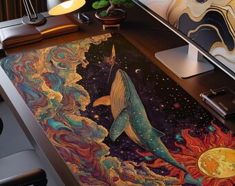 Puede incluir: Una alfombrilla de escritorio rectangular con una gran ballena nadando a través de un espacio oscuro y estrellado. El diseño incluye nubes arremolinadas de color naranja, turquesa y morado, un sol amarillo brillante y una pequeña luna creciente.