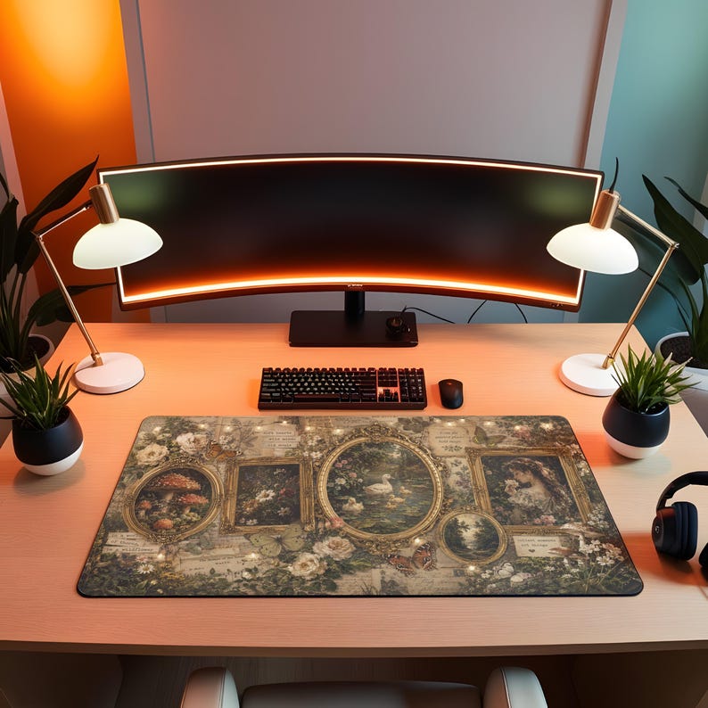 May include: A rectangular desk mat featuring a vintage-style collage of ornate gold frames containing illustrations of mushrooms, flowers, a swan on a pond, and a portrait, set against a background of botanical motifs and script text.
