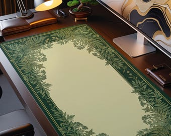 May include: A rectangular desk mat featuring a cream-colored center bordered by a dark green frame decorated with detailed botanical illustrations of ferns and various leafy plants, creating a natural frame around the central workspace area.
