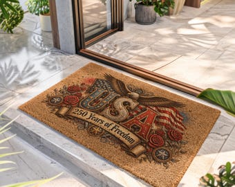 Puede incluir: Un felpudo rectangular de fibra de coco color canela con un gráfico de un águila calva, rosas rojas y estrellas. El texto USA y 250 Years of Freedom está impreso en el centro. El diseño incluye un motivo de bandera estadounidense en rojo, blanco y azul.