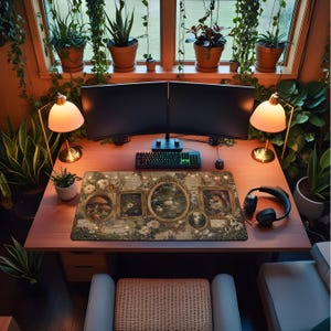 May include: A rectangular desk mat featuring a collage of vintage-style framed illustrations, including mushrooms, flowers, a swan on a pond, and a portrait, set against a botanical background with script text on a wooden desk with two monitors.