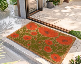 Felpudo con diseño de amapolas, felpudo floral de fibra de coco, felpudo botánico de bienvenida, felpudo de arte popular, felpudo floral retro, regalo de jardín, regalo de inauguración de casa