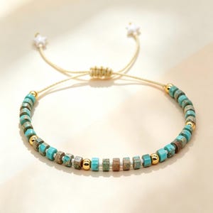 Turquoise Cube Beaded Bracelet | Adjustable Star Accent Pull Cord Bangle | Handcrafted Summer Layering Accessory