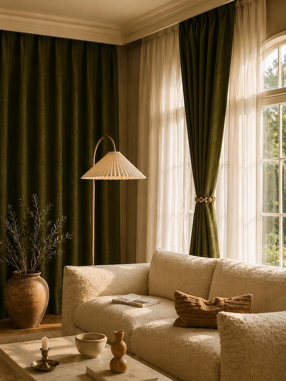 Olive Green Textured Curtains | Jacquard Look Drapes | Light Filtering Window Panels | Custom Size Curtains | Tuscan Style Home Decor