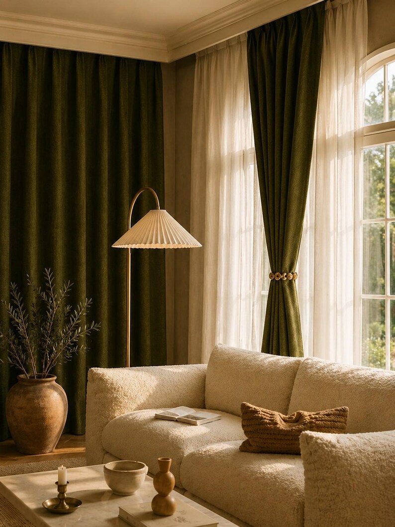 Peut inclure: Int&eacute;rieur de salon avec rideaux en velours vert olive et rideaux blancs transparents. Un canap&eacute; cr&egrave;me avec un coussin textur&eacute; est sous un lampadaire dor&eacute; avec un abat-jour pliss&eacute;. Un grand vase en c&eacute;ramique avec de la verdure.