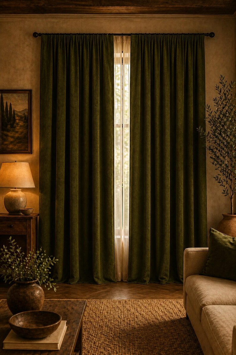 Peut inclure: Rideaux en velours vert olive, tombant jusqu'au sol, encadrant une fen&ecirc;tre. Les rideaux pr&eacute;sentent un aspect riche et textur&eacute;. La pi&egrave;ce pr&eacute;sente une palette de couleurs neutres, avec des meubles en bois et un tapis tiss&eacute;, cr&eacute;ant une ambiance chaleureuse.
