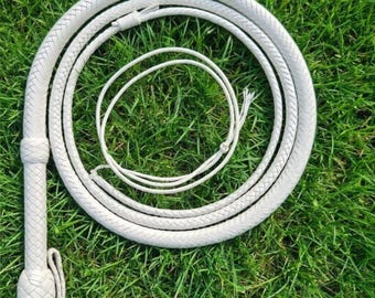 Handmade White Kangaroo Leather Bullwhip – 12/16 Plait Professional Australian Braid