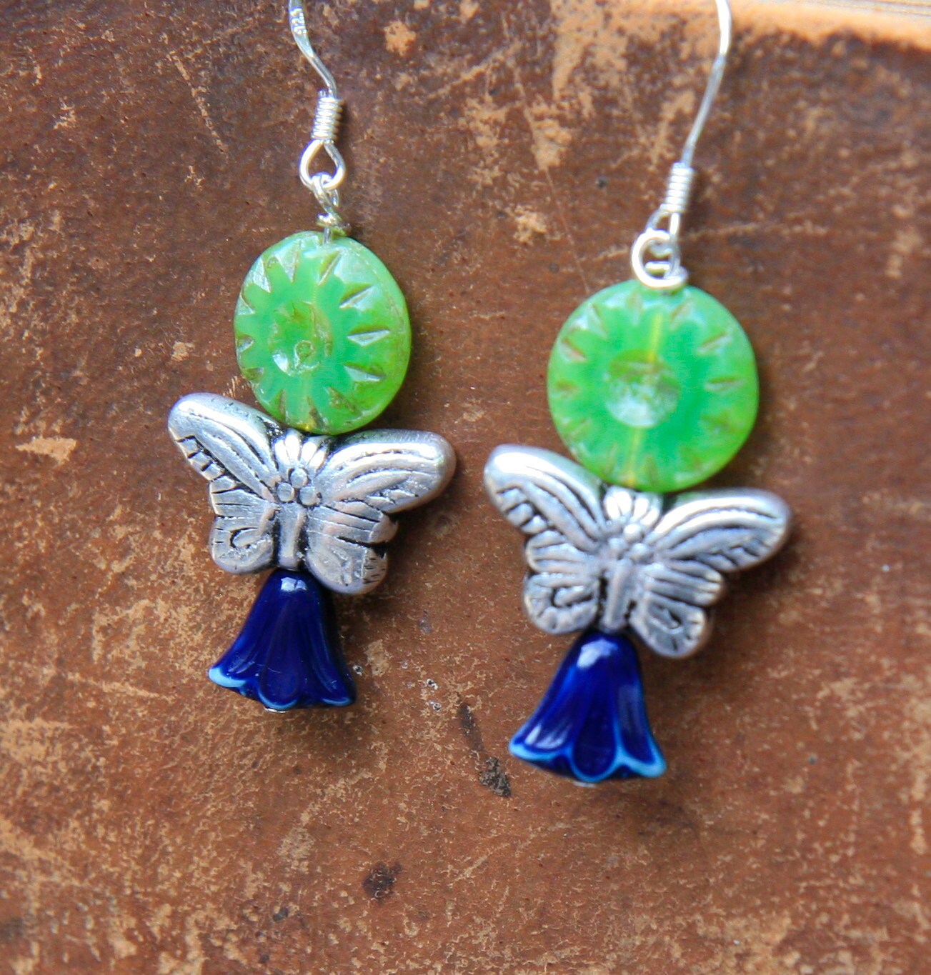 Green Asters Silver Butterflies and Blue Tulip Earrings | Etsy