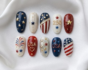 Glitter Fireworks Press On Nails, Red White Blue USA Fake Nails, Patriotic Starry False Nail Art Set, Summer Manicure Gif