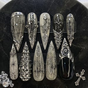 Mysteric Metallic Bone Silver Cross Script Press On Nails, Gothic Chrome Stiletto Fake Nails